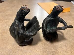 pair of vintage brass sea turtle reading book figurines by SPI Home